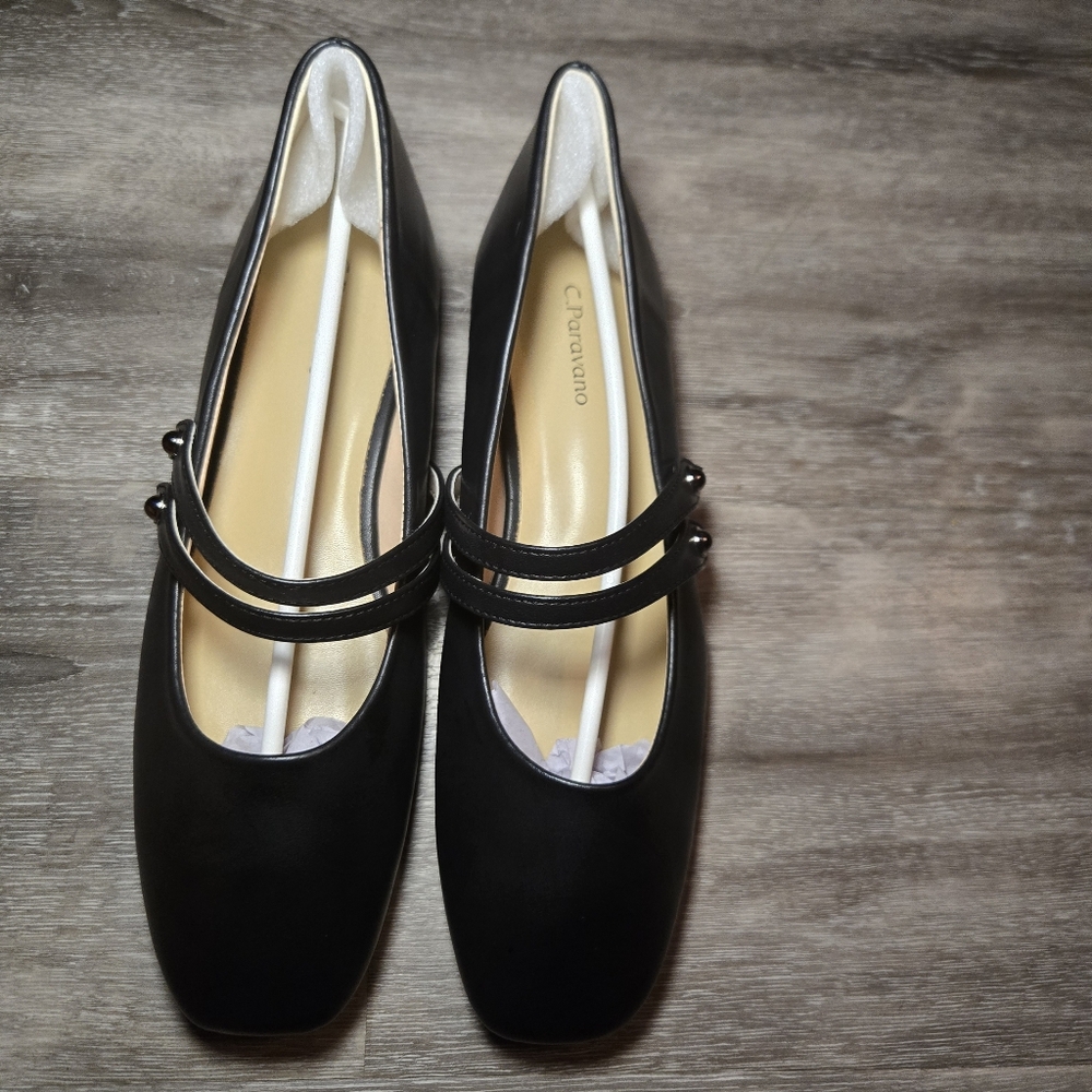 C. Paravano Black Mary Jane Comfort Ballet Flats Square Soft Leather‎ Size 9 New